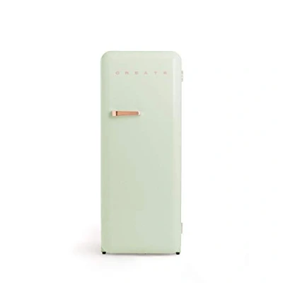 Imagen de CREATE / RETRO FRIDGE 150 ROSE GOLD/Frigorífico verde pastel maneta oro rosado con congelador 281L 102W, bajo consumo, 150cm, 3 estantes, regulador temperatura, botellero,60x60x150cm