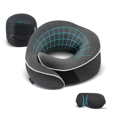 Imagen de Proglobe Almohada Cervical de avión, Viaje 100% Espuma viscoelástica, ortopédica, para Viajes con Coche, Tren, Antifaz 3D, Tapones los oídos, Bolsa