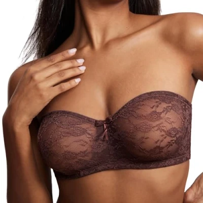 Imagen de DOBREVA Sujetador Encaje Sin Tirantes con Aros Invisible para Mujer Avellana 95D