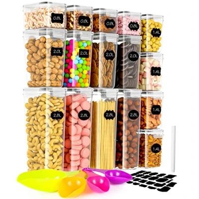Imagen de NEFLSI Botes Cocina Almacenaje 16 Piezas Recipientes para Alimentos de Plástico con Etiquetas y Cucharas Hermeticos Contenedores Cereales,Pasta,Arroz,Harina,Granos(2.8L 2L 1.6L 0.8L)