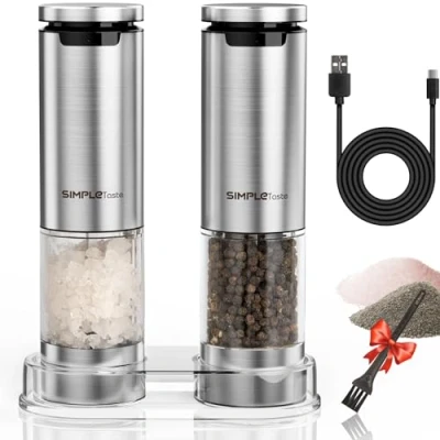 Imagen de SIMPLETASTE Molinillo de pimienta y sal Eléctrico Recargable Juego 2 acero inoxidable con cable tipo C luz LED Grand Capacidad 95ml