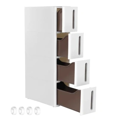 Imagen de SONGMICS Torre de almacenamiento con ruedas, columna para cocina estrecha, estante plástico 4 niveles, ahorro espacio, 45 x 17 84 cm, blanco y marrón, KFR08WT