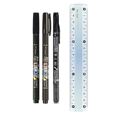 Imagen de Tombow Brush Pen Fudenosuke Juego de 3 bolígrafos (punta blanda + dura (color negro y gris), incluye regla