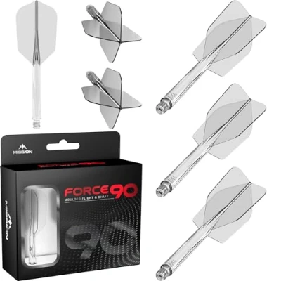 Imagen de Mission Darts Force 90 Sistema integrado de vuelo y eje dardos moldeado precisión, paquete 3 plumas tallos combinados profesionales altamente duraderos 2 en 1 Delgado (transparente,