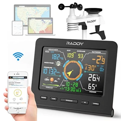 Imagen de Raddy WF 100C Lite 13 IN 1 Estación meteorológica inalámbrica interior/exterior con temperatura, presión barométrica, humedad, anemómetro, pluviómetro, pronóstico meteorológico, para el hogar, jardín