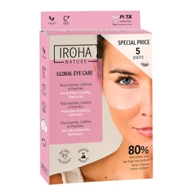 Imagen de Iroha Nature Parches Ojos Antiedad Niacinamida, Cafeína y Péptidos Reducción Arrugas, Líneas de Expresión, Bolsas OjerasHidratación con Ácido Hialurónico Vegano 100% Biodegradable Pack 5 Ud