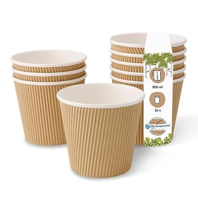 Imagen de BIOZOYG Bio vaso de sopa desechable vajilla To Go un solo uso cartón Kraft con rifles revestimiento blanco/marrón, pelada I 25 Copas biodegradables 500 ml