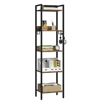 Imagen de EUGAD Estanteria Almacenaje de 5 Niveles, Industrial, Alta Pie, Madera y Metal con 4 Ganchos, Negro + Marrón Rústico, 40x30x152,5cm