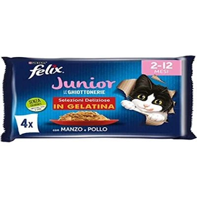 Imagen de Purina Felix Le Ghiottonerie Comida para Gatos Junior con Ternera y Pollo, 48 Bolsas de 85 g Cada una