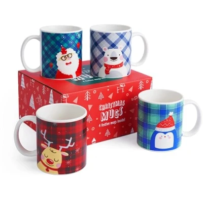 Imagen de THE TWIDDLERS 4 Piezas Set de Regalo Tazas Navideñas con Caja, 340ml Porcelana Café Navidad Tema Festivo