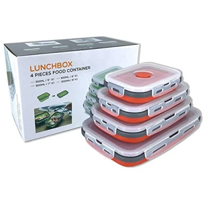 Imagen de Beeptrum Recipiente de silicona plegable con tapa, fiambrera portátil para picnic al aire libre que ahorra espacio, apto microondas, lavavajillas y congelador, juego 4 (rojo)