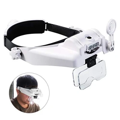Imagen de lupa de cabeza iluminada LED desmontable, lectura manos libres, visera casco para trabajos cercanos, costura, manualidades, lectura, reparación, fabricación joyas (1X a 14X)
