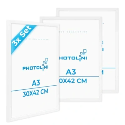 Imagen de PHOTOLINI Marcos A3 30x42 cm Blanco Madera MDF, Set de 3 para pósteres, Cristal acrílico, Colgar, Incluye Accesorios Fotos, láminas y pósteres