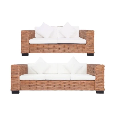 Imagen de vidaXL Conjunto Muebles Jardín Ratán Natural Terraza Patio 2 Pzas Set Sofás y 3 Plazas Mimbre + 5 Cojines Asiento 4 Respaldo Decoración Crema