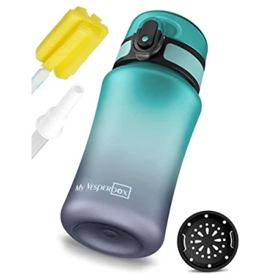 Imagen de My Vesperbox Minny botella de agua infantil a prueba fugas, 350 ml, 500 750 con popote o colador, ligera Tritan sin BPA, para guardería, escuela (gris azul, ml)