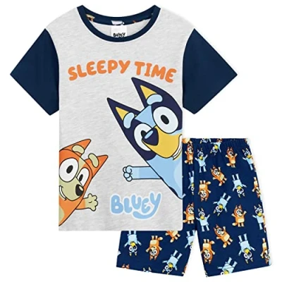 Imagen de Bluey Pijama Niña de Manga Corta Niño Conjunto 2 Piezas Camiseta y Pantalon Corto Ropa Verano para Niños Algodón 6 Años Oficial (Gris/Azul, 4 5 Años)