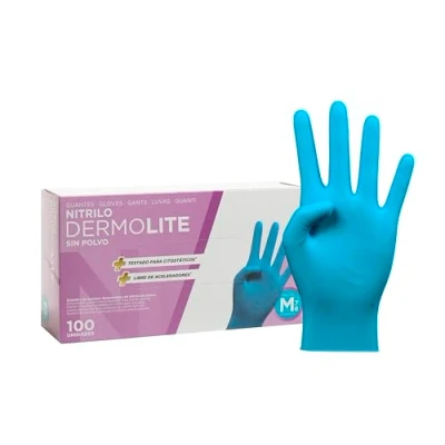Imagen de COM FORT HOUSE Guantes nitrilo desechables Color Azul Colección Dermolite de Látex sin Polvo Disponible en tallas XS, S, M, L