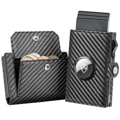 Imagen de YESIIW Billeteras para hombre Airtag Apple Air Tag, tarjetero RFID, cartera delgada de cuero hombre, billetera inteligente desplegable con bolsillo monedas y clip dinero, fibra