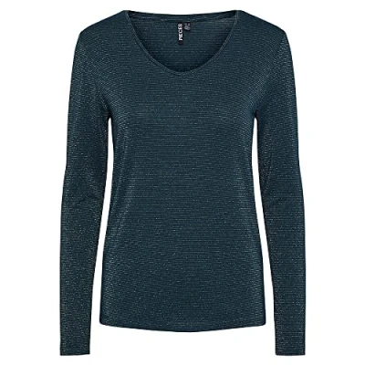 Imagen de PIECES Pcbillo LS Lurex Stripes Noos FC Cuello en V Camiseta, Reflecting Pond/Stripes:Gold, Mujer