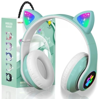 Imagen de OHAANYY Auriculares para Niños Inalámbricos con Luz LED, de Diademacon Orejas Gato Niñas, Bluetooth Plegables Micrófono TV Regalo Cumpleaños/Navidad
