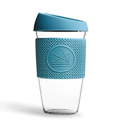 Imagen de Neon Kactus Vaso de cristal borosilicato soplado a mano, Taza café para llevar reutilizable con tapa silicona apta uso alimentario y funda térmica, viaje reciclable