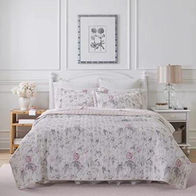 Imagen de Laura Ashley Home Breezy Floral Collection Ropa de Cama 100% algodón, Reversible, Ligera y Transpirable, prelavada para Mayor suavidad, Individual, Rosa/Gris