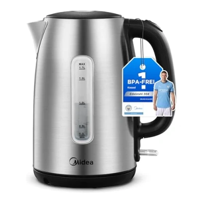 Imagen de Midea MK 17S30A2 Hervidor de agua acero inoxidable 1,7L, sin BPA, calentamiento rápido 2200 W, asa aislada con indicador nivel agua, pantalla LED y protección contra