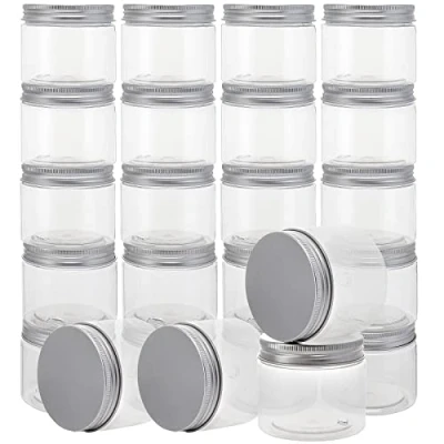 Imagen de JOIKIT Paquete de 24 frascos plástico transparente 250 ml con tapas aluminio, sin BPA, almacenamiento boca ancha para manualidades, especias, frutos secos