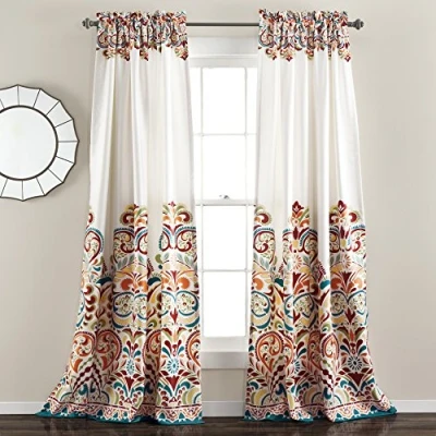 Imagen de Lush Decor Clara Cortinas Paisley Damasco Estampado Bohemio Estilo Dormitorio Ventana Panel Set para Sala, Comedor (Par), 95&quot; x 52&quot;, Turquesa y Mandarina