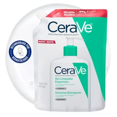 Imagen de CeraVe Recambio de Gel Limpiador Espumoso, para Piel Normal a Grasa, Elimina Exceso Sebo, Enriquecido con Ceramidas Esenciales, Niacinamida y Ácido Hialurónico, Apto Rostro Cuerpo, 473 ml