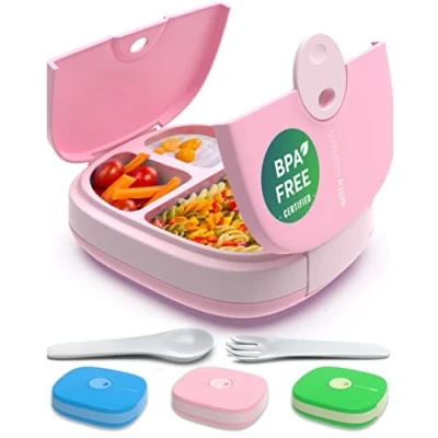 Imagen de Umami Fiambrera para niños con cubiertos, estilo Bento, 3 grandes compartimentos, tamaños de porción ideales edades a 9 años, libre BPA, apta microondas y lavavajillas