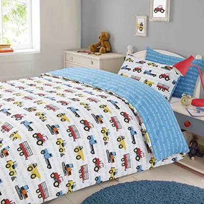 Imagen de Dreamscene Juego de Ropa Cama con Funda Almohada para niños y niños, Fuerza Trabajo, Coche, camión, Color Azul, Doble