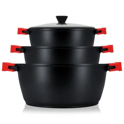 Imagen de briebe Black Titanium Batería Cocina Inducción 6 Piezas Antiadherente Titanio, Juego 3 Ollas Aluminio Fundido sin PFOA, Set Cazuelas Tapas Cristal, Asas Silicona Extraíbles, Vitrocerámica, Gas, Horno
