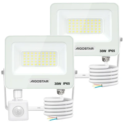 Imagen de Aigostar 30W Foco LED Exterior con Sensor Movimiento PIR Blanco，2 piezas，2750LM Super Brillo Proyector Interior， IP65 Impermeable，Blanco Frío 6500K，Luz de Seguridad para Jardín，Patio，Garaje， etc.