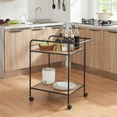 Imagen de [en.casa] Carro de Servicio con 2 Estantes Carrito Camarera Rectangular Barra Anticaída Cocina Baño 4 Ruedas Metal MDF 72 x 62 45 cm Negro y Roble