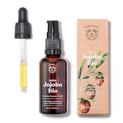 Imagen de Bionoble Aceite de Jojoba Orgánico 50ml 100% Puro, Natural y Prensado en Frío Rostro, Cuerpo, Cabello, Barba, Uñas Vegano Cruelty Free Oil Botella Vidrio + Pipeta Bomba.
