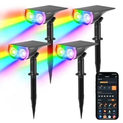 Imagen de Linkind Lámpara solar para exteriores inteligentes RGBTW, 16 millones de colores, control grupal, sincronización musical, alerta luminosa roja, foco inteligente IP65 jardín, juego 4