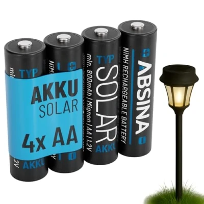 Imagen de ABSINA 4X Bateria Recargable Solar AA 800mAh 1.2V NiMH Pilas Recargables para Luces solares Baterias de Baja autodescarga Baterías Battery