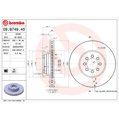 Imagen de BREMBO 09.B749.40 Disco de freno 290 26 8 ventilación interna altamente carbonizado