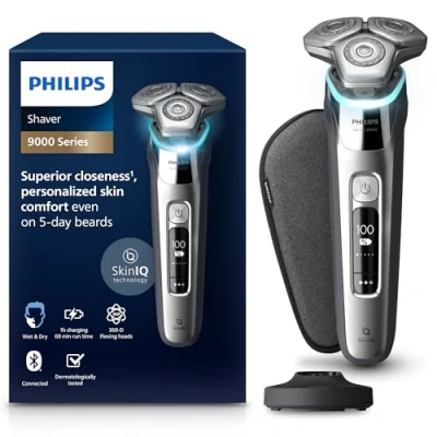 Imagen de Philips Serie 9000 Afeitadora Eléctrica Hombre, Máquina de Afeitar Barba con Recortadora, 72 cuchillas, Para piel sensible, 60min uso, En Seco y Húmedo, Recargable, Base Carga, S9975/35, Cromo
