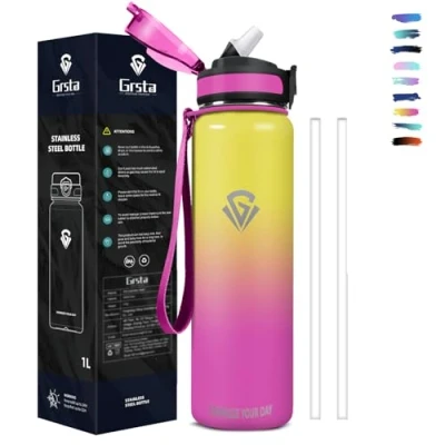 Imagen de Grsta Botella Agua Acero Inoxidable, 1 litro, a Prueba de Fugas, Reutilizable con Pajita, Fácil Limpiar, sin BPA, Para Deportes, Camping, Ciclismo