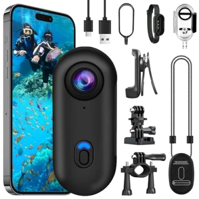 Imagen de OBEST Cámara Acción 4K 360 Mini Camara Deportiva, Casco Moto Bodycam POV Camera, Magnético WiFi Vlog CAM Corporal Video, 30m Buceo Impermeable Pequeña, Acc Multifuncion Negro