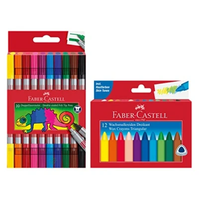 Imagen de Faber Castell 205032 School Juego de 12 lápices cera y estuche 10 rotuladores doble fibra