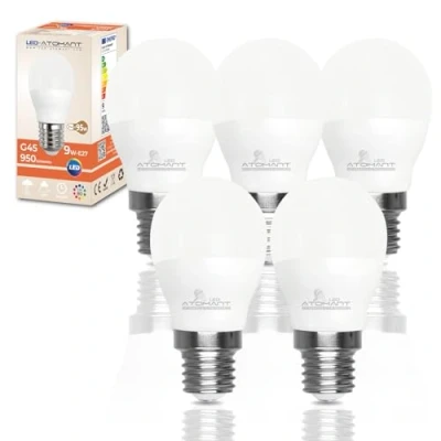 Imagen de LED ATOMANT Pack 5x Bombilla E27 G45 9W. Color Blanco Calido (3000K). 950 lumenes. Casquillo grueso. Equivalente 95W tradicional.