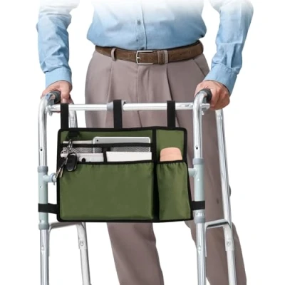 Imagen de supregear Bolsa Andador con Portavasos, para Silla de Ruedas Impermeable Cesta Accesorios Plegable Sillas Ruedas, Andador, Patinetes (Verde Militar)