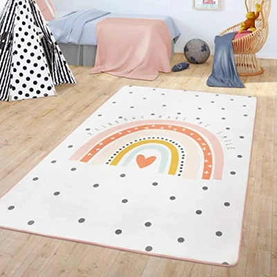 Imagen de TT Home Alfombra Infantil Bebé Motivo Arco Iris con Diseño Corazón, Color:Crema, Tamaño:120x160 cm
