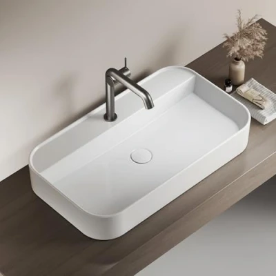 Imagen de EMKE Lavabo Rectangular para Baño y Aseo de Invitados 70 x 40 11 cm, Cerámica, Blanco