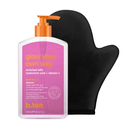 Imagen de b.tan Best Clear Self Tanning Gel with Mitt Kit Glow Your Own Way Bundle Quick Express Tanner for Face and Body Applicator, Transfer Proof, 16 Fl Oz