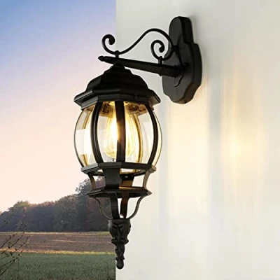 Imagen de Licht Erlebnisse Aplique exterior BREST de aluminio negro cristal E27 IP43 Lámpara pared con brazo Farol estilo rústico para jardín