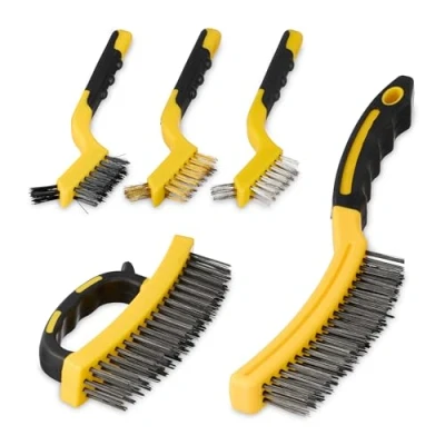 Imagen de Relaxdays 5 Cepillos Limpia Juntas, Eliminan Malas Hierbas y Musgo, Cerdas Metal, Mango Plástico, Jardín, Amarillo/Negro